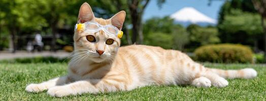 A cat wearing goggles laying on the grass photo