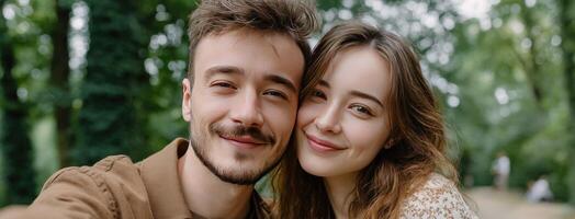 A young couple taking a selfie in the woods photo