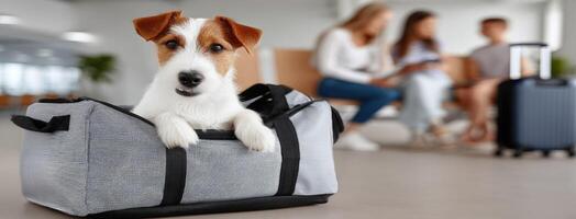 A dog sitting in a luggage bag with people in the background photo
