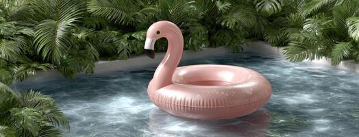 A pink flamingo floating in a pool surrounded by plants photo