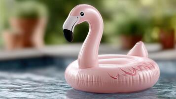 A pink flamingo floating in a pool photo