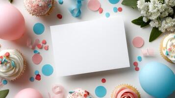 Cupcakes, confetti and a blank card on a white background photo
