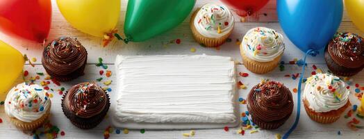 Birthday cake with cupcakes and balloons photo