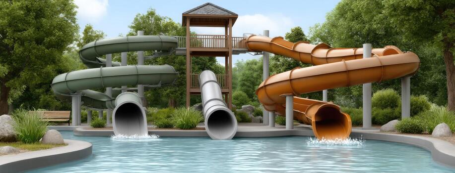 A water slide in a park with trees and a wooden structure photo