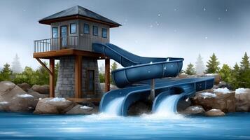 Water slide in the forest with a house and a waterfall photo
