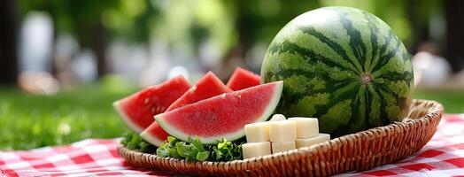 A basket with watermelon, cheese and other food on a picnic blanket photo