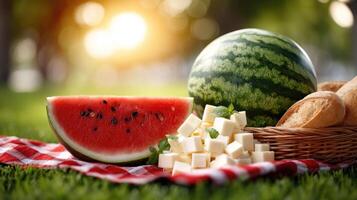 Watermelon, cheese and bread on grass photo
