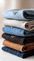 A stack of folded jeans on a white table photo