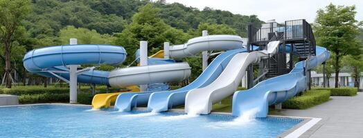 A large blue and yellow water slide in a pool photo