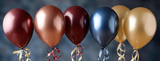 A group of four balloons with ribbons photo