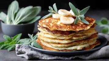 Stack of pancakes with banana and sage leaves photo