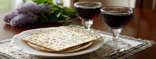 A plate with wine glasses and matzah on it photo