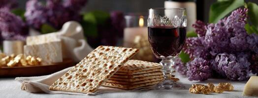 Matzah and wine on a table with purple flowers photo