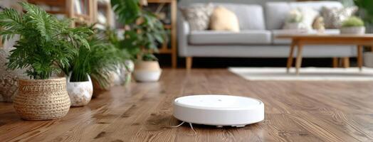 A white robot is sitting on the floor in a living room photo