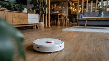A robot vacuum cleaner on the floor in a living room photo