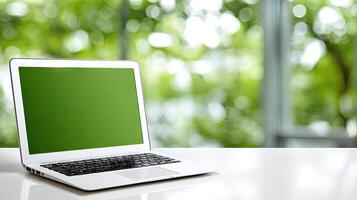 Laptop with green screen on white table photo