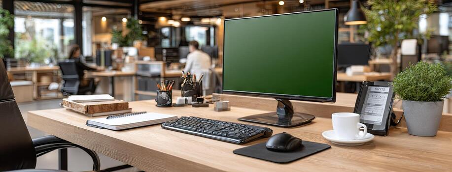 A computer monitor is sitting on a desk in an office photo