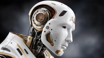 A robot with gold and silver parts on its head photo