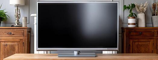 A large monitor on a table in front of a wooden chest photo