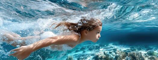 A young girl swimming in the ocean photo