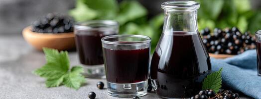 Black currant juice in a glass bottle and a glass of black currant juice photo