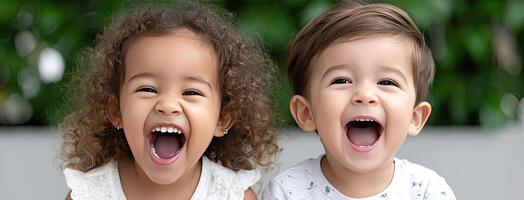 Two children are laughing and smiling photo
