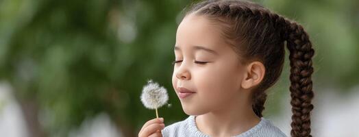 A little girl blowing on a dandelion photo