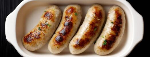 Four sausages in a white dish on a black table photo