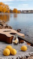 A guitar, a jar of lemons and a bottle of water photo