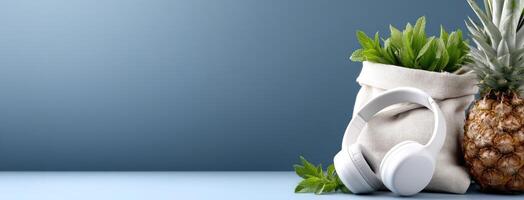 Pineapple, headphones and green plants on blue background photo