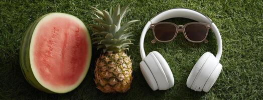 A watermelon, sunglasses and a pineapple on the grass photo