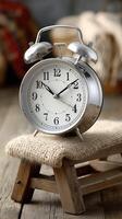A clock on a wooden bench photo