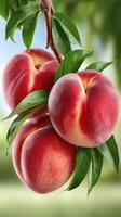 Three ripe peaches on a branch photo