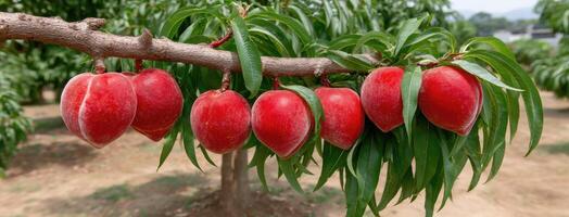 A bunch of red fruits hanging from a tree photo