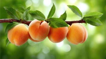 Three ripe apricots on a branch photo