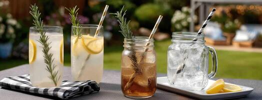 Three glasses of lemonade, water and ice on a table photo