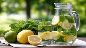 Lemon water with mint leaves and lemons photo