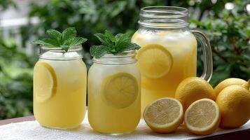 A table with three jars of lemonade and lemons photo