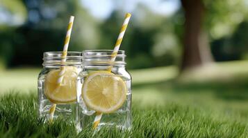 Two jars with lemon slices sitting on grass photo