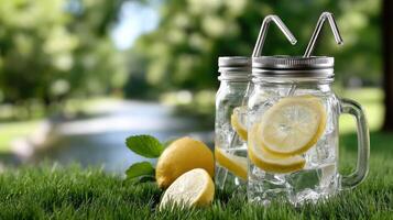 Lemonade in a jar with straws and a glass of water photo