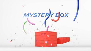 Red gift box fall down and opens with MYSTERY BOX, SURPRISE AWAITS text and paper popper explosion video