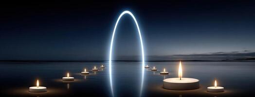 A group of lit candles in the water with a arch in the background photo