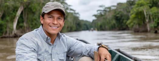 A man smiles while sitting in a boat on a river photo