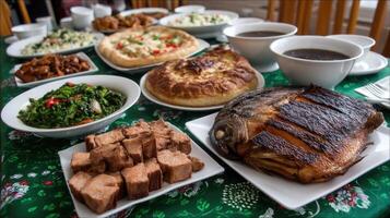 A table with many dishes of food on it photo