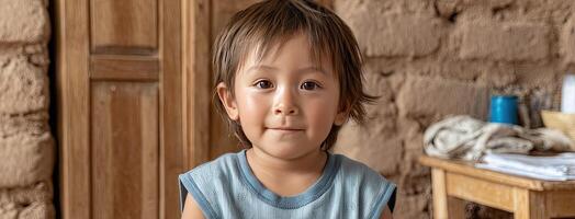 A young boy is sitting in front of a wooden table photo
