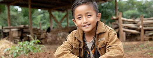 A young boy smiles while sitting on dirt photo