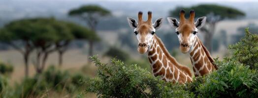 Two giraffes are standing in the grass photo