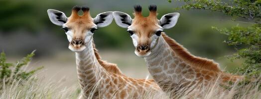 Two giraffes are standing in tall grass photo