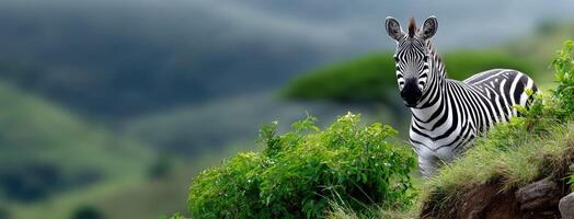 A zebra standing on a hillside with green trees photo