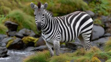 A zebra standing in a grassy field next to a stream photo